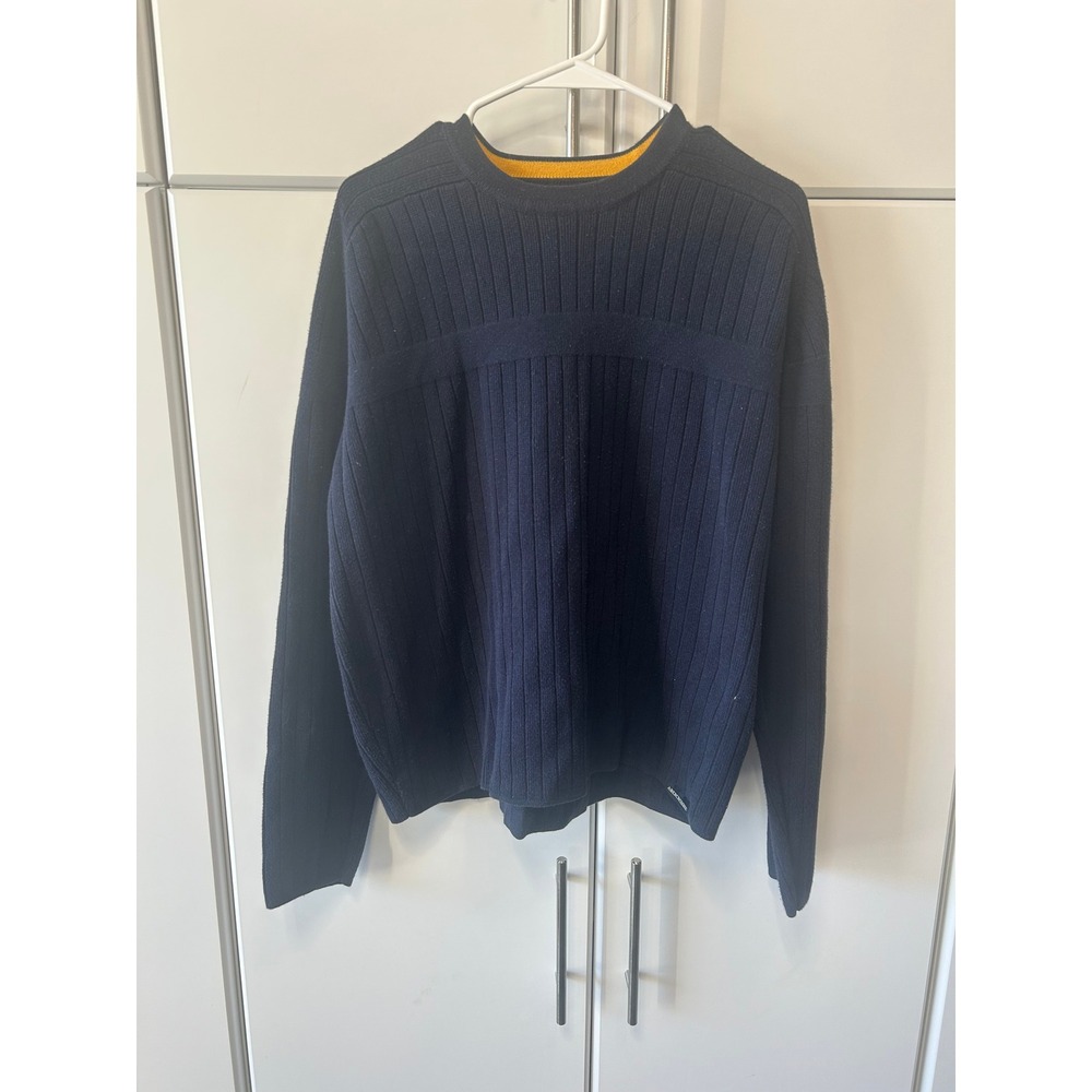 Abercrombie & Fitch Mens Ribbed Crew Neck Sweater Navy Blue Mustard Yellow Trim